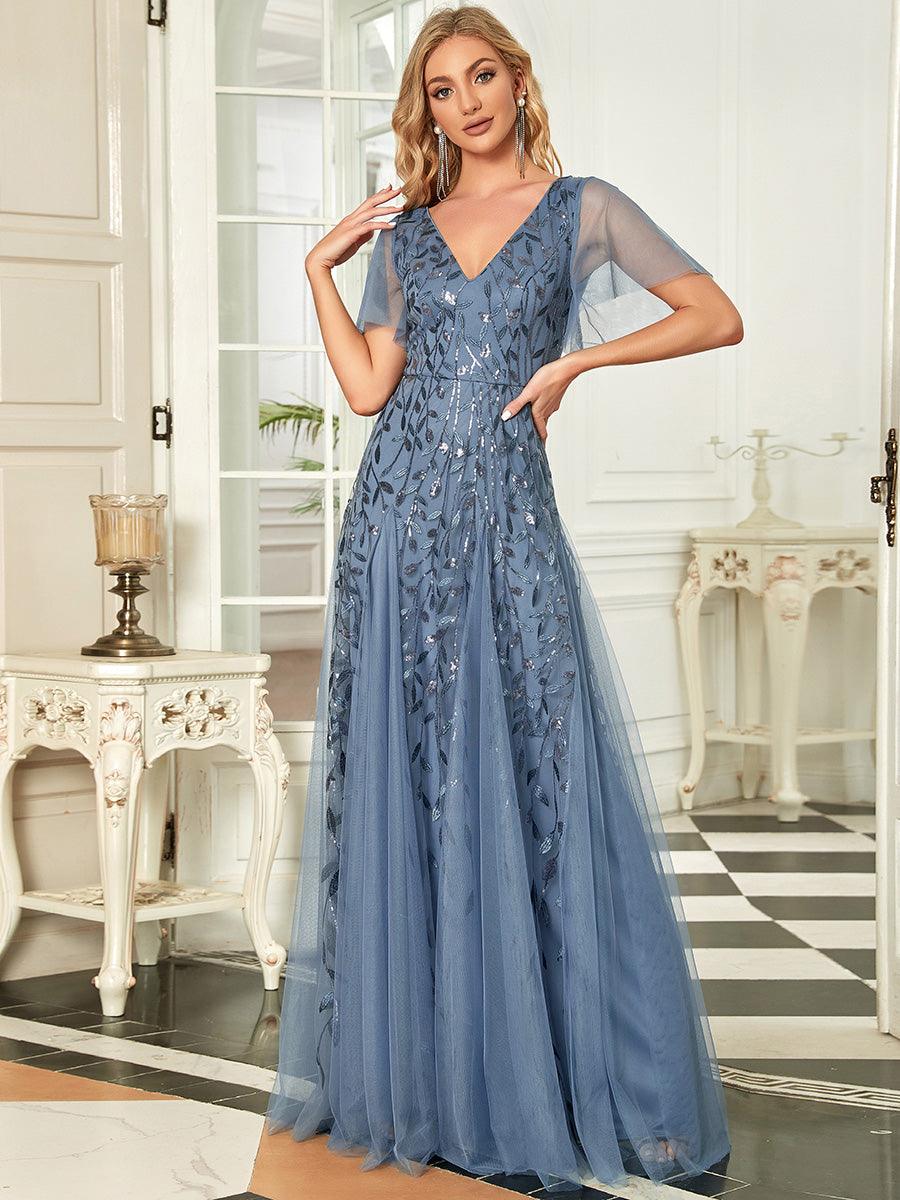 Kaylee | Long Romantic Shimmering Evening Dress with V-Neck and Straps