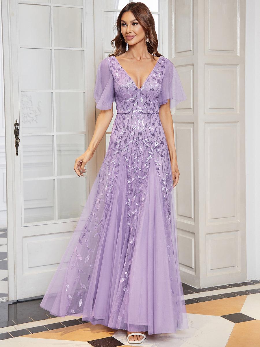 Kaylee | Long Romantic Shimmering Evening Dress with V-Neck and Straps