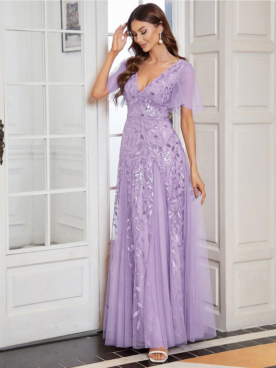 Kaylee | Long Romantic Shimmering Evening Dress with V-Neck and Straps