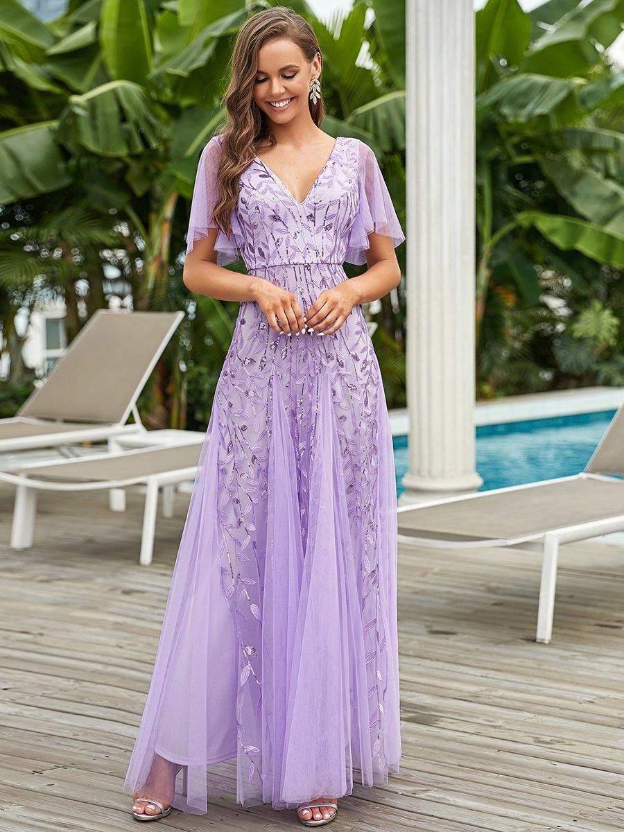 Kaylee | Long Romantic Shimmering Evening Dress with V-Neck and Straps
