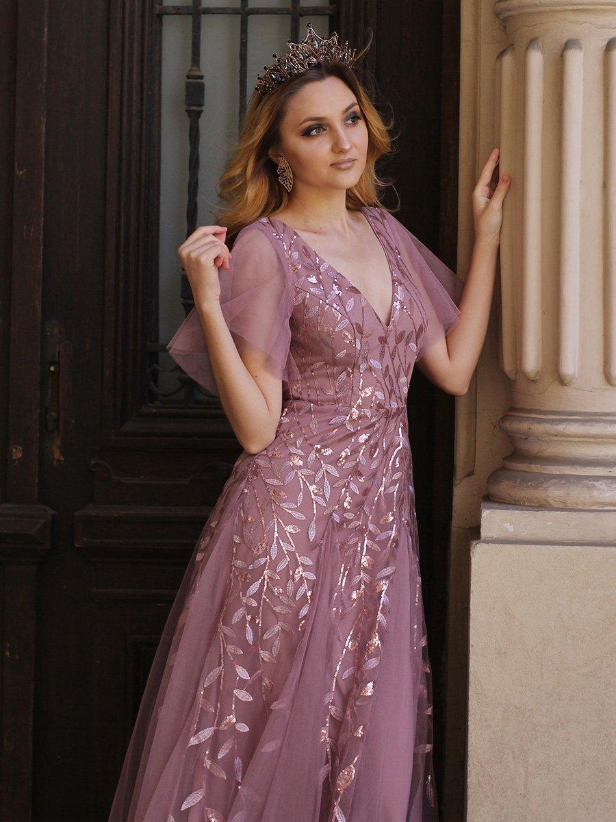 Kaylee | Long Romantic Shimmering Evening Dress with V-Neck and Straps