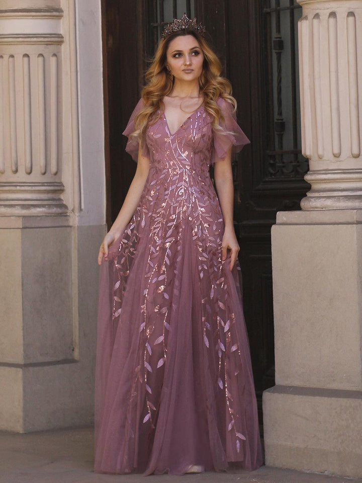 Kaylee | Long Romantic Shimmering Evening Dress with V-Neck and Straps