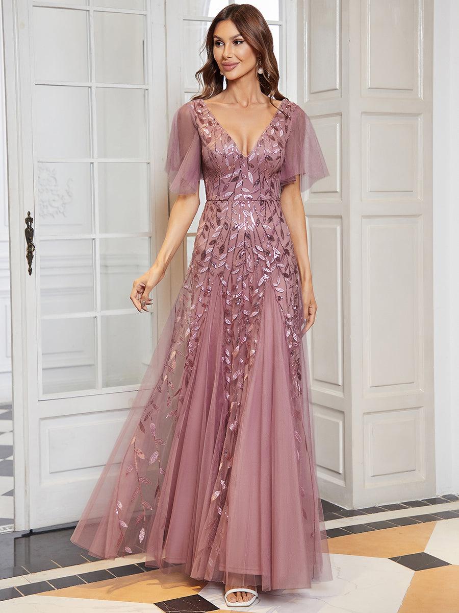 Kaylee | Long Romantic Shimmering Evening Dress with V-Neck and Straps