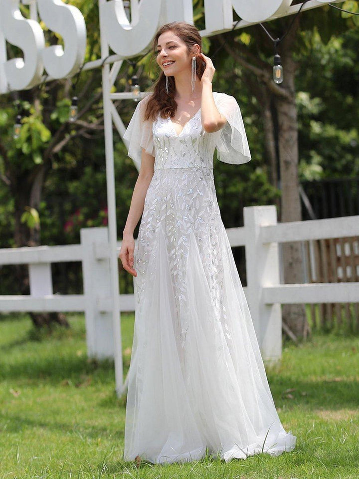 Kaylee | Long Romantic Shimmering Evening Dress with V-Neck and Straps