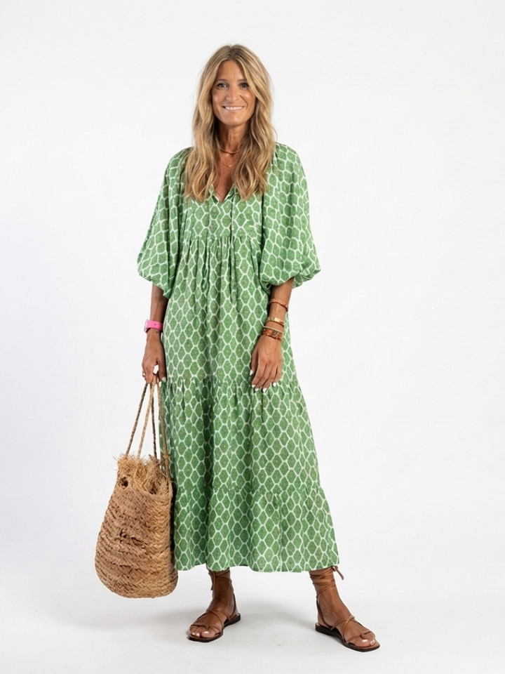 Kayla | Midi dress with pattern, three-quarter sleeves, and V-neck