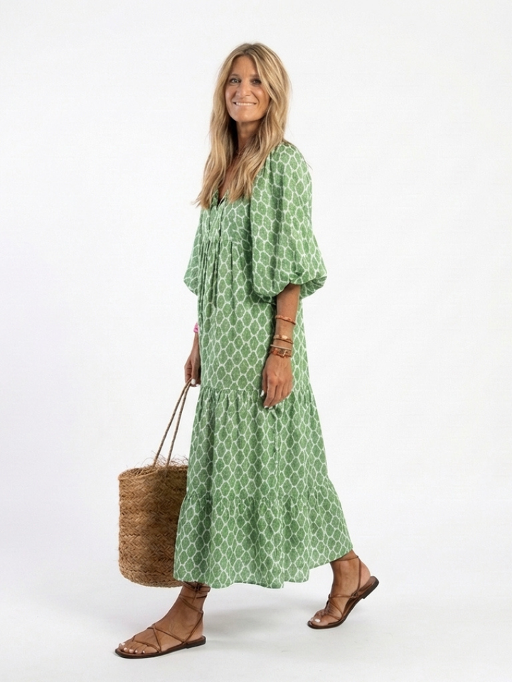 Kayla | Midi dress with pattern, three-quarter sleeves, and V-neck