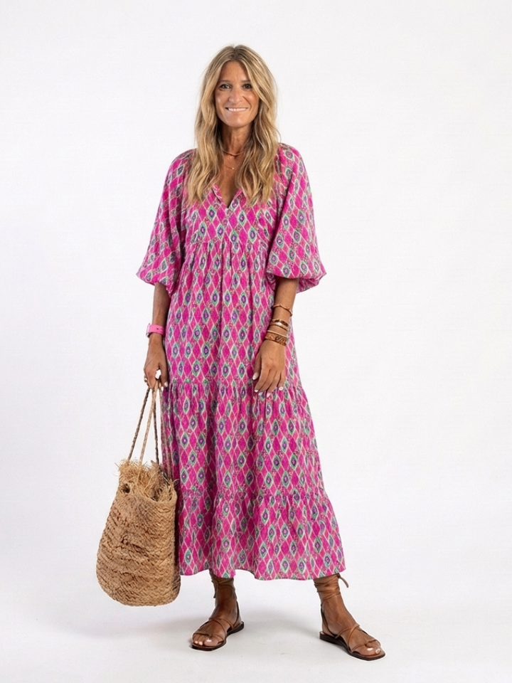 Kayla | Midi dress with pattern, three-quarter sleeves, and V-neck