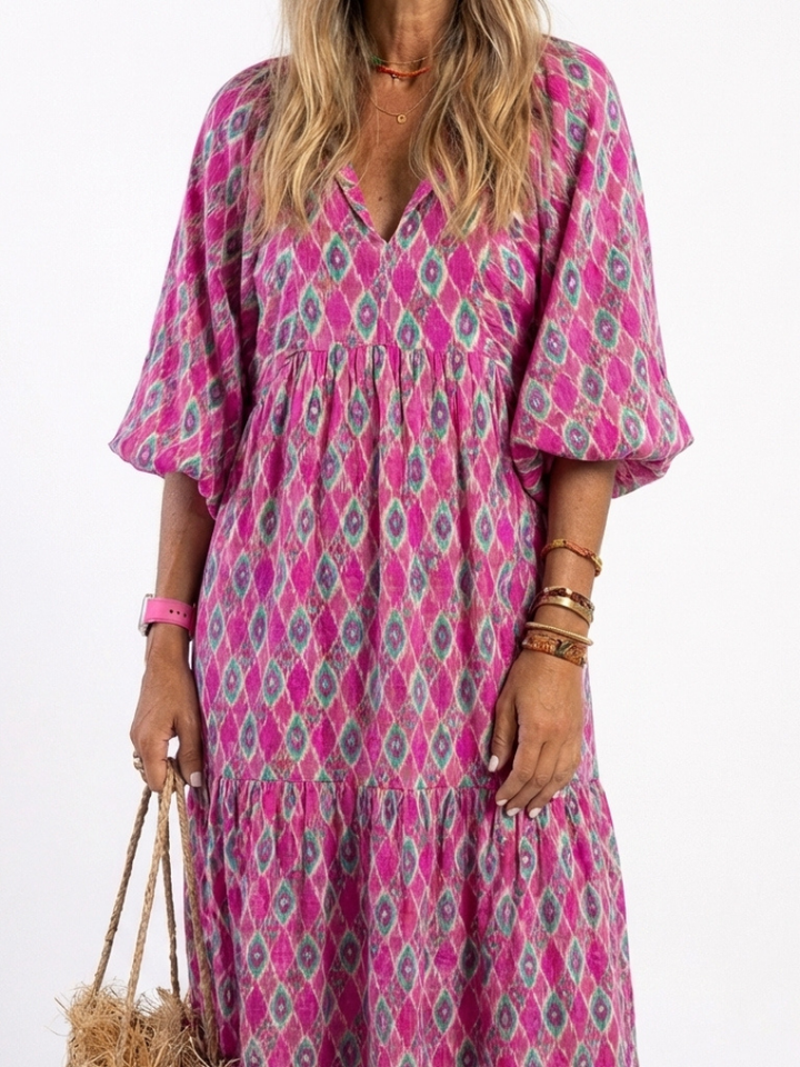 Kayla | Midi dress with pattern, three-quarter sleeves, and V-neck