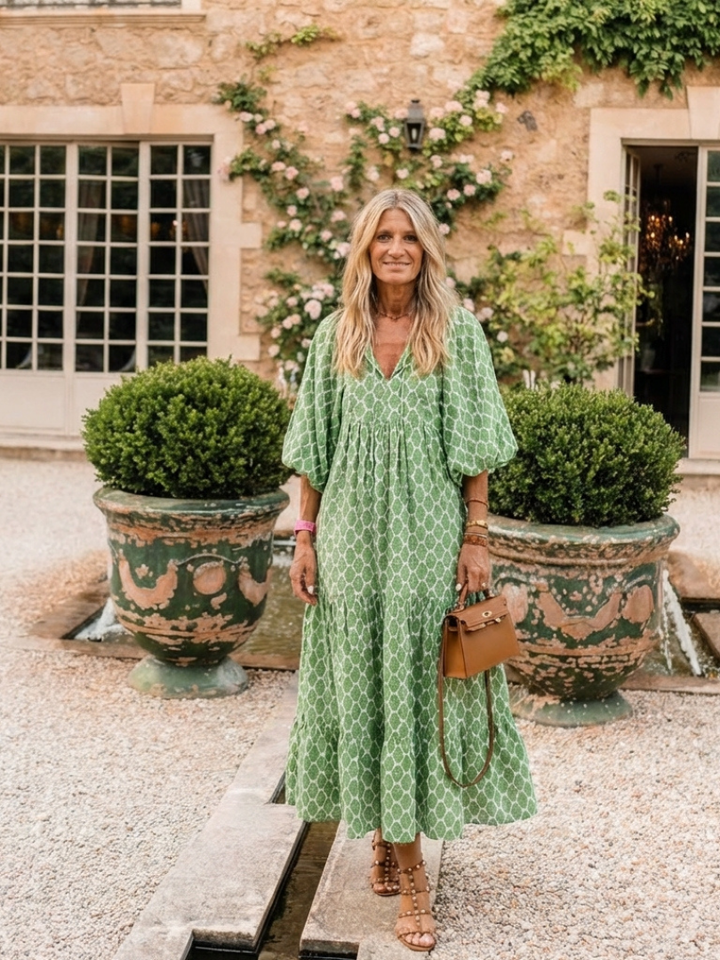 Kayla | Midi dress with pattern, three-quarter sleeves, and V-neck