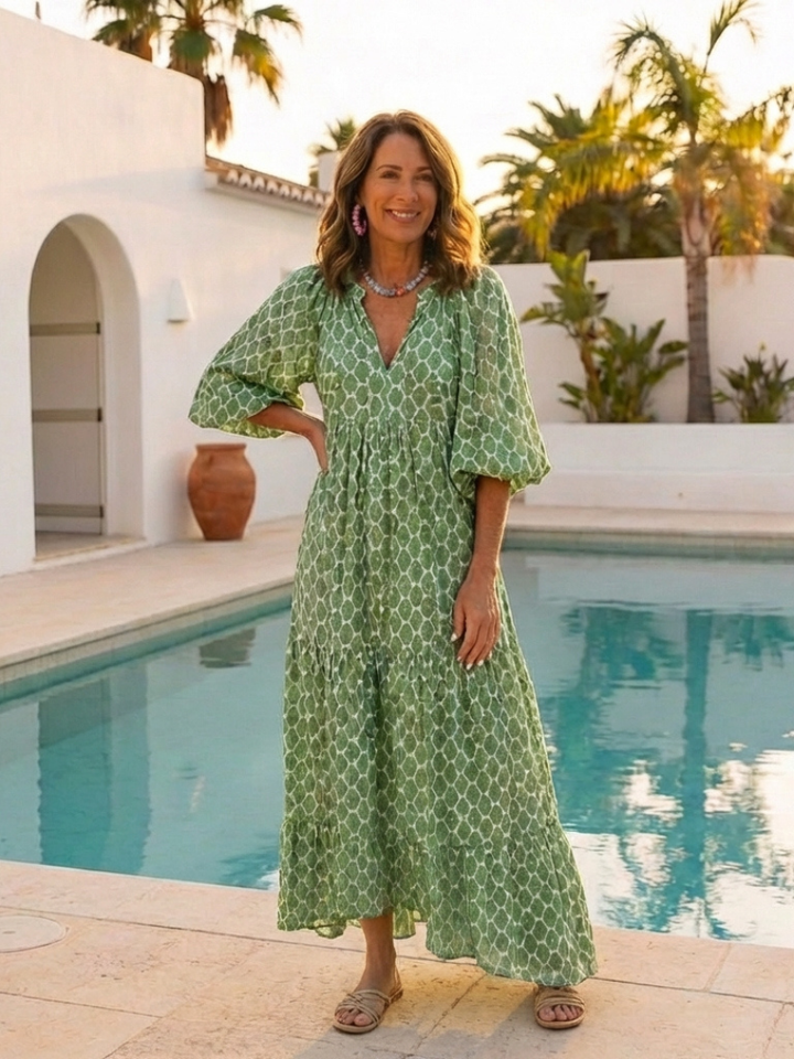 Kayla | Midi dress with pattern, three-quarter sleeves, and V-neck
