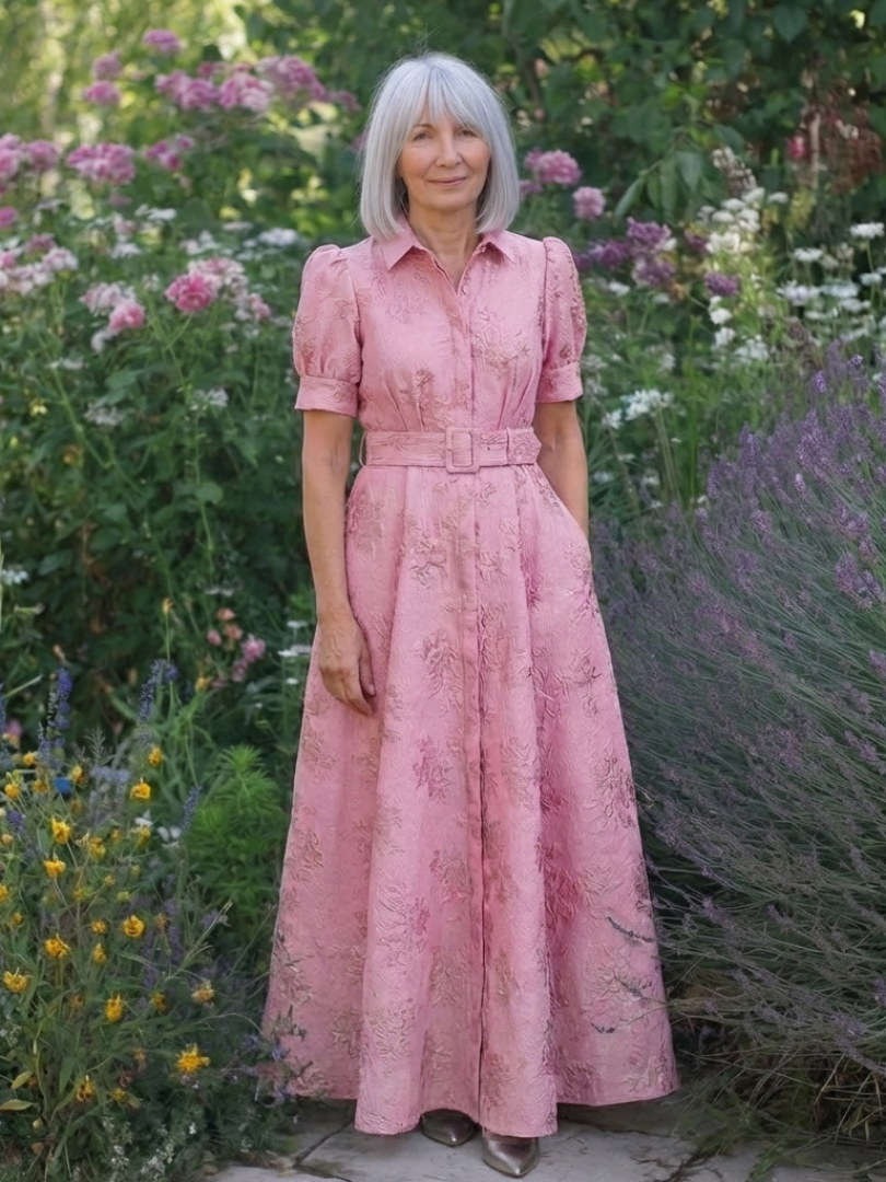 Rachel | Maxi dress with short sleeves and floral belt