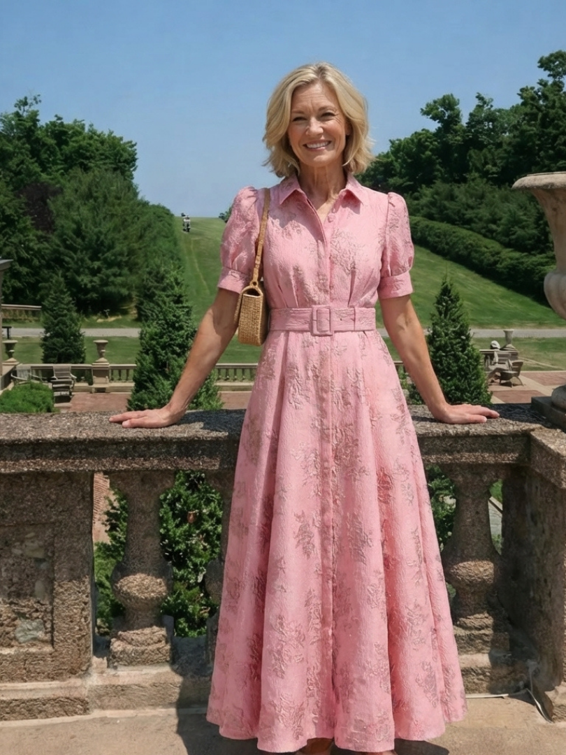 Rachel | Maxi dress with short sleeves and floral belt