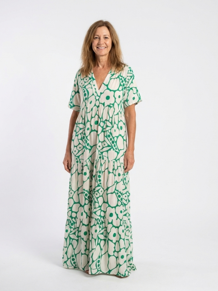 Julia | Midi dress with flowers, short sleeves, and V-neck
