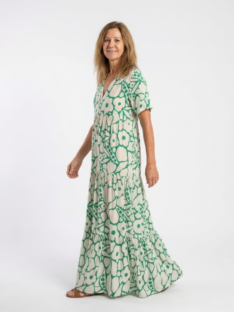 Julia | Midi dress with flowers, short sleeves, and V-neck