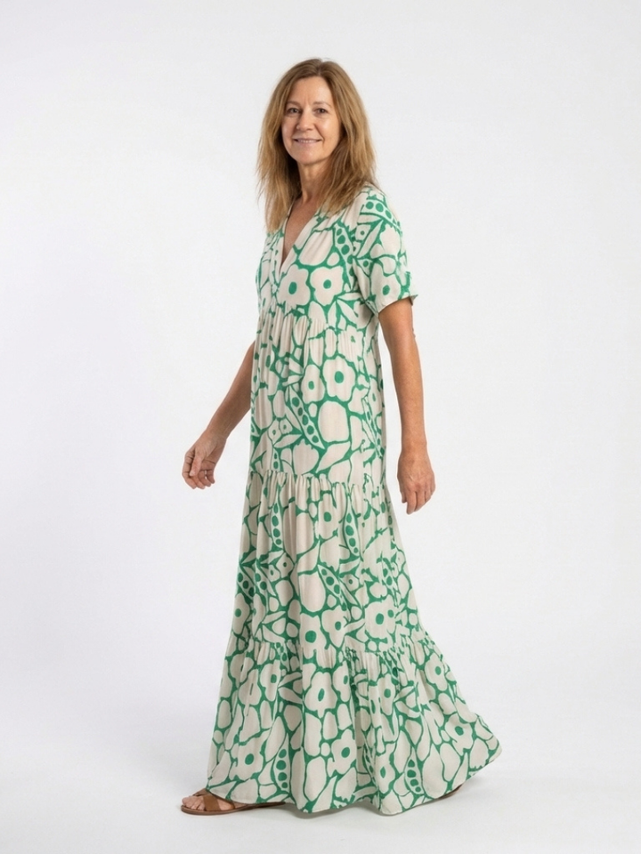Julia | Midi dress with flowers, short sleeves, and V-neck