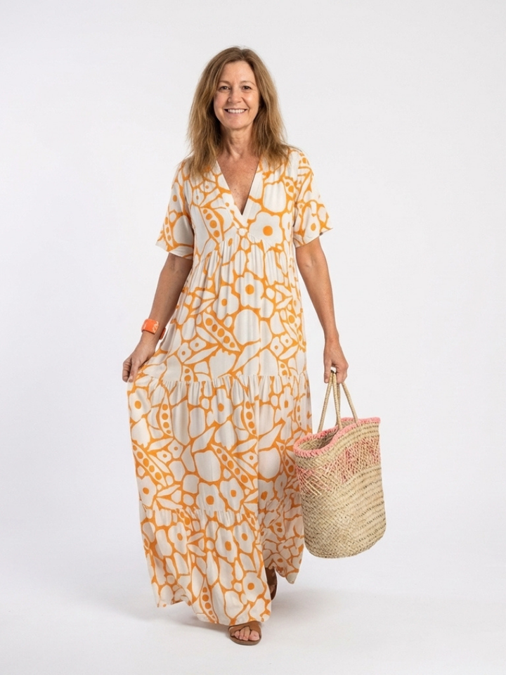 Julia | Midi dress with flowers, short sleeves, and V-neck