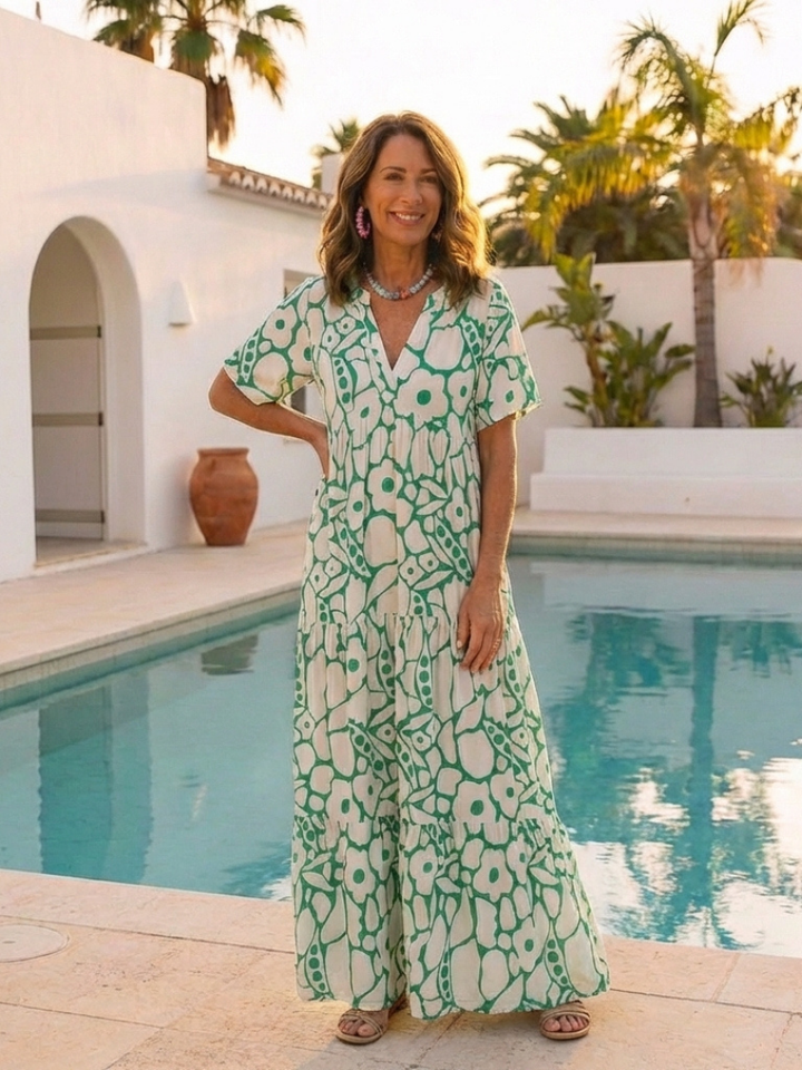 Julia | Midi dress with flowers, short sleeves, and V-neck