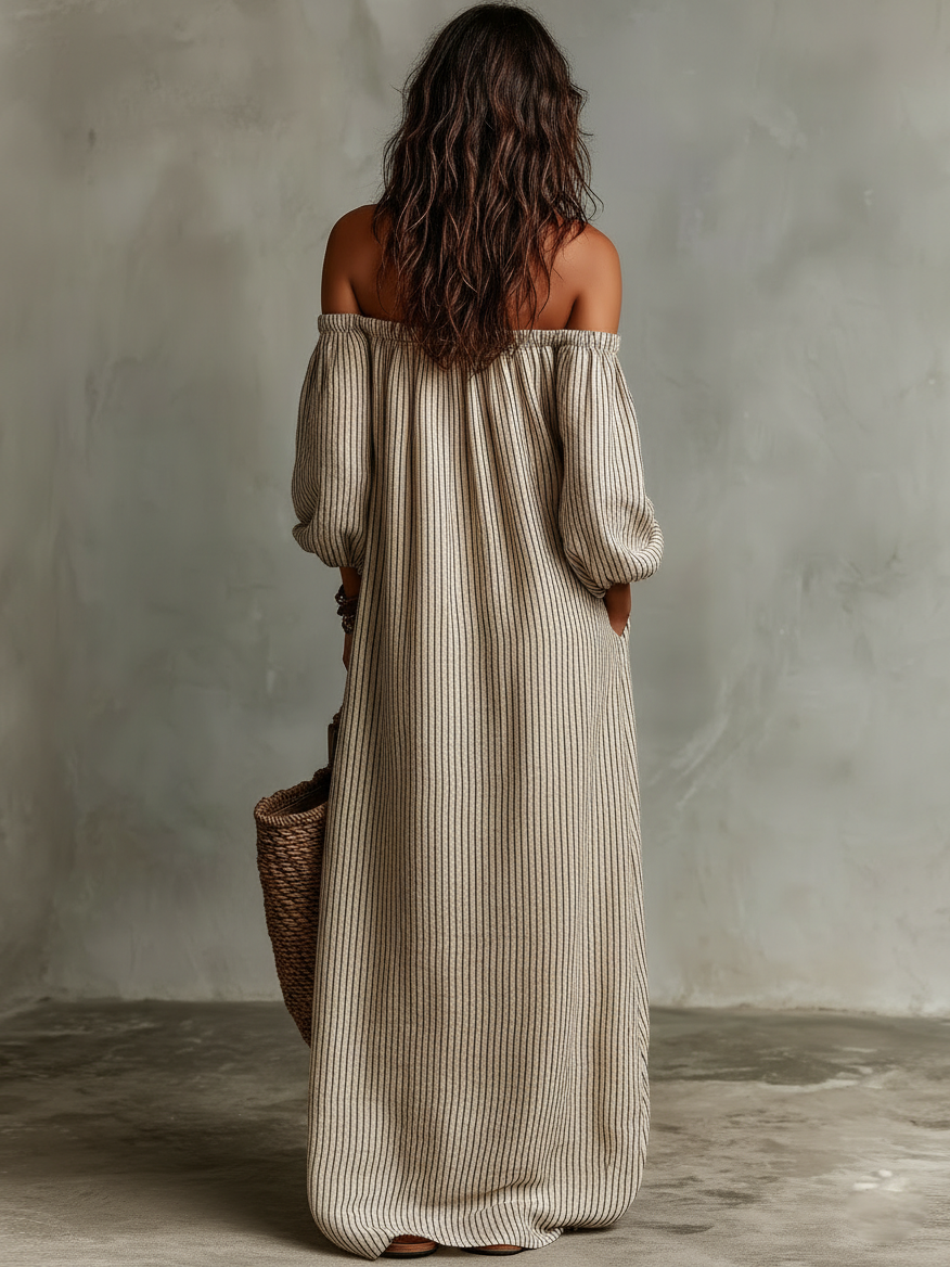 Kaia | Long cotton and linen dress with off-the-shoulder design