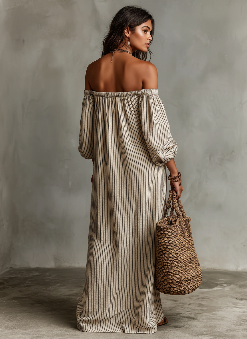 Kaia | Long cotton and linen dress with off-the-shoulder design