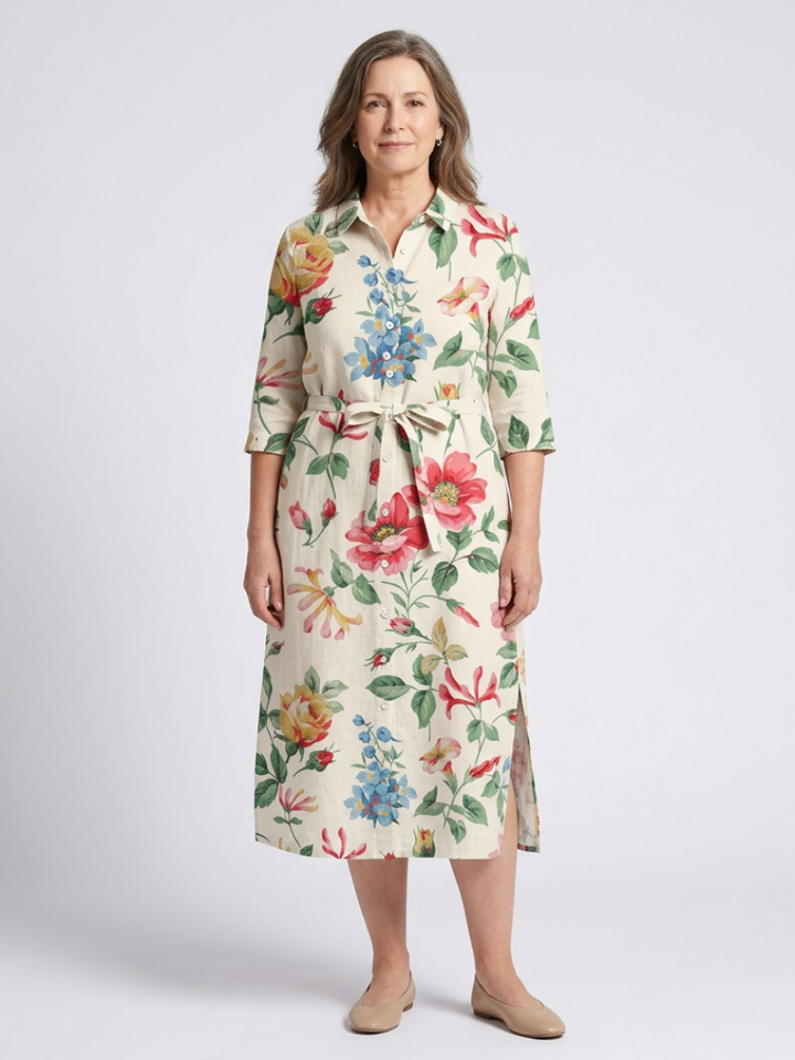 Zoe | Midi dress with flowers and short sleeves with buttons