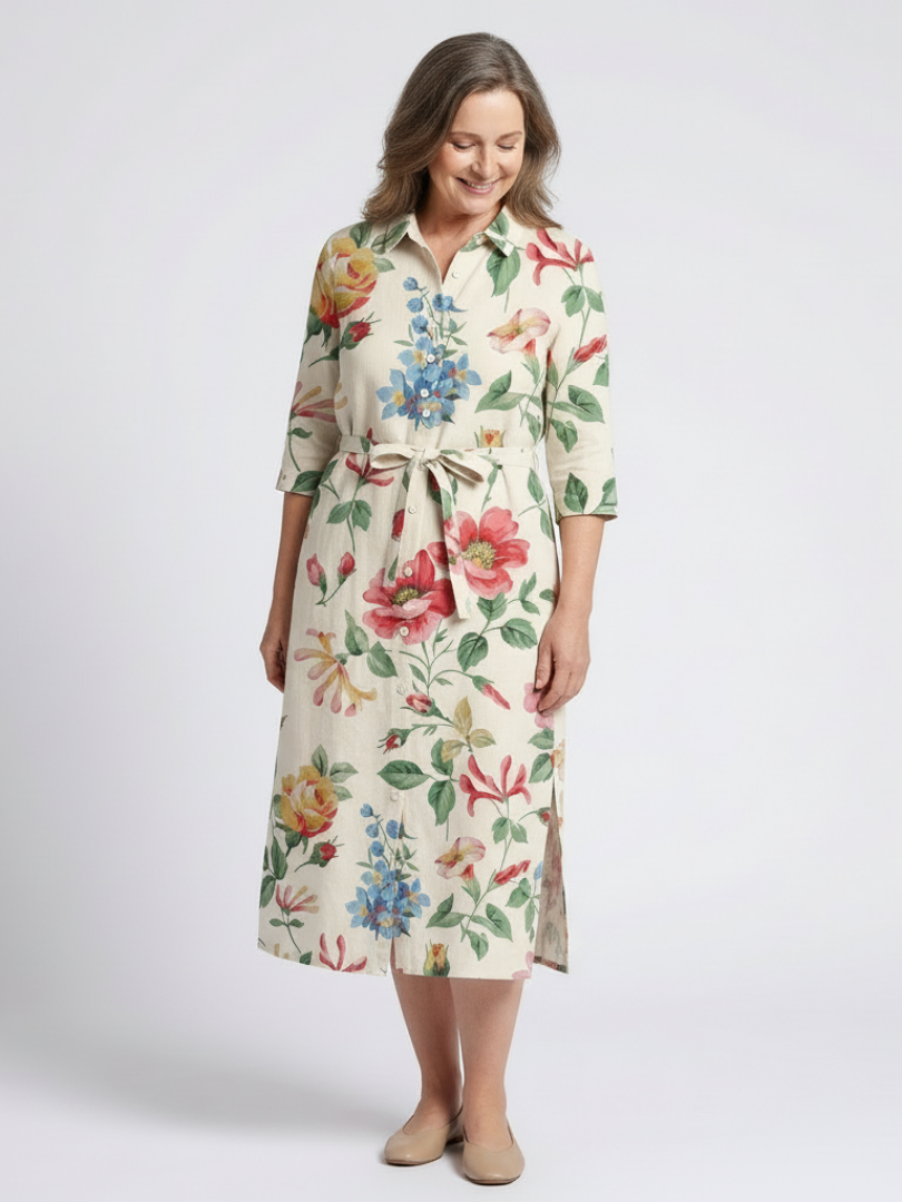 Zoe | Midi dress with flowers and short sleeves with buttons