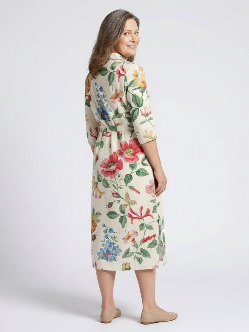 Zoe | Midi dress with flowers and short sleeves with buttons