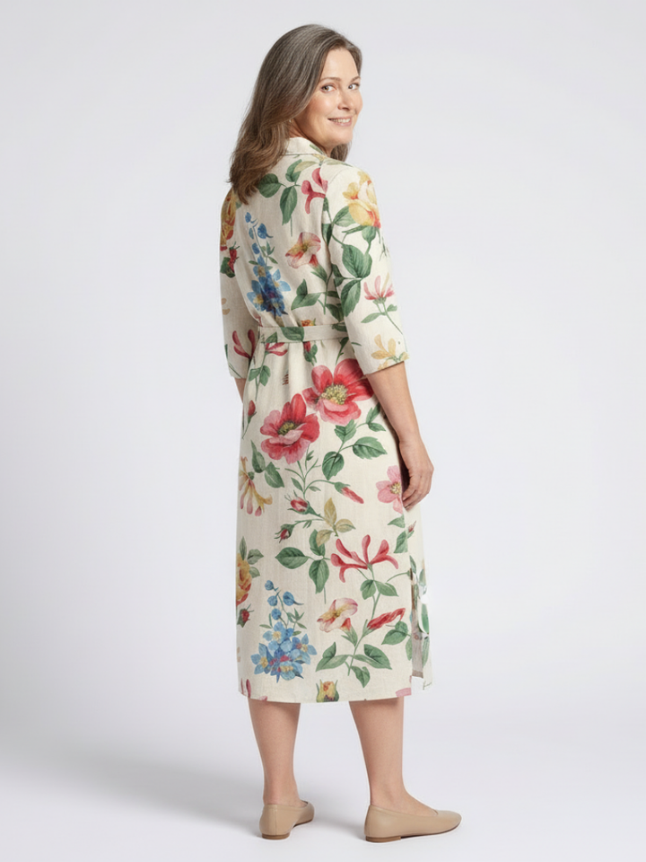 Zoe | Midi dress with flowers and short sleeves with buttons