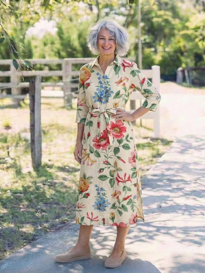 Zoe | Midi dress with flowers and short sleeves with buttons