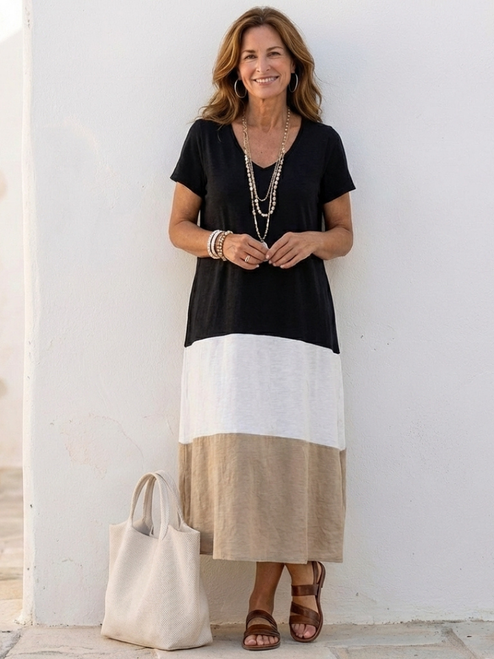 Kylee | Midi dress with V-neck and short bicolor sleeves