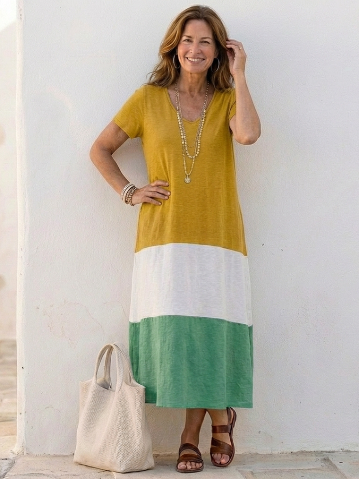 Kylee | Midi dress with V-neck and short bicolor sleeves