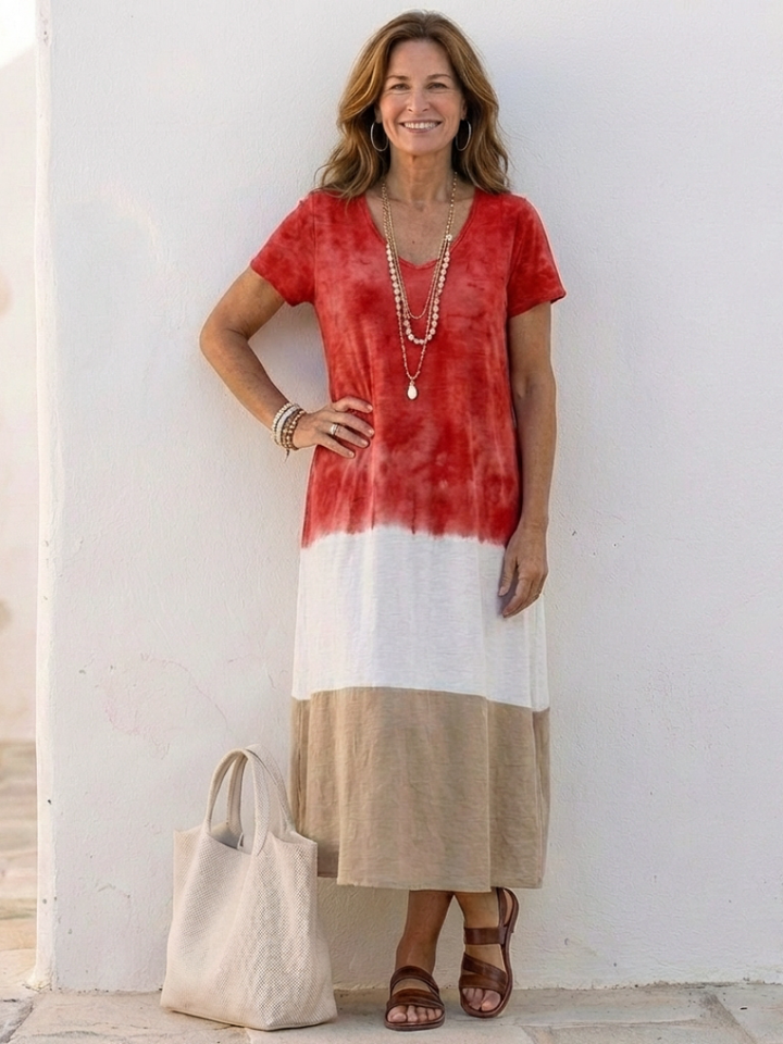 Kylee | Midi dress with V-neck and short bicolor sleeves