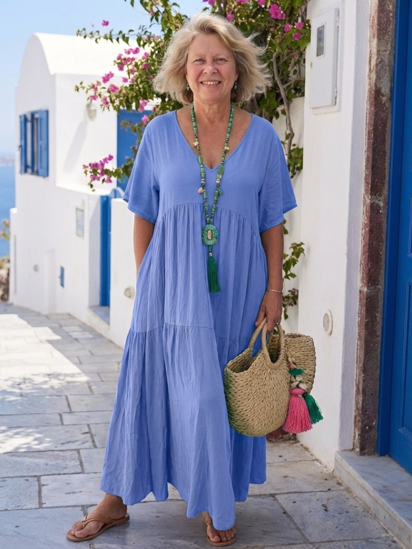 Katelyn | Maxi Dress in Blue with Short Sleeves and Ruffles