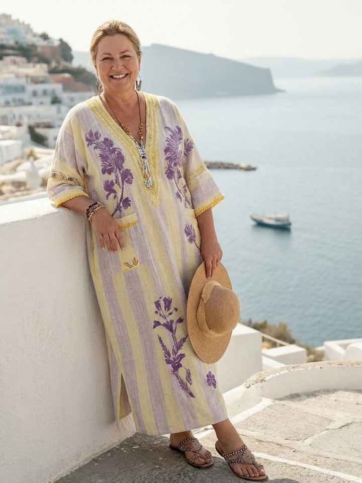 Juliet | Floral Striped Maxi Dress with V-Neck and Semi-Long Sleeves