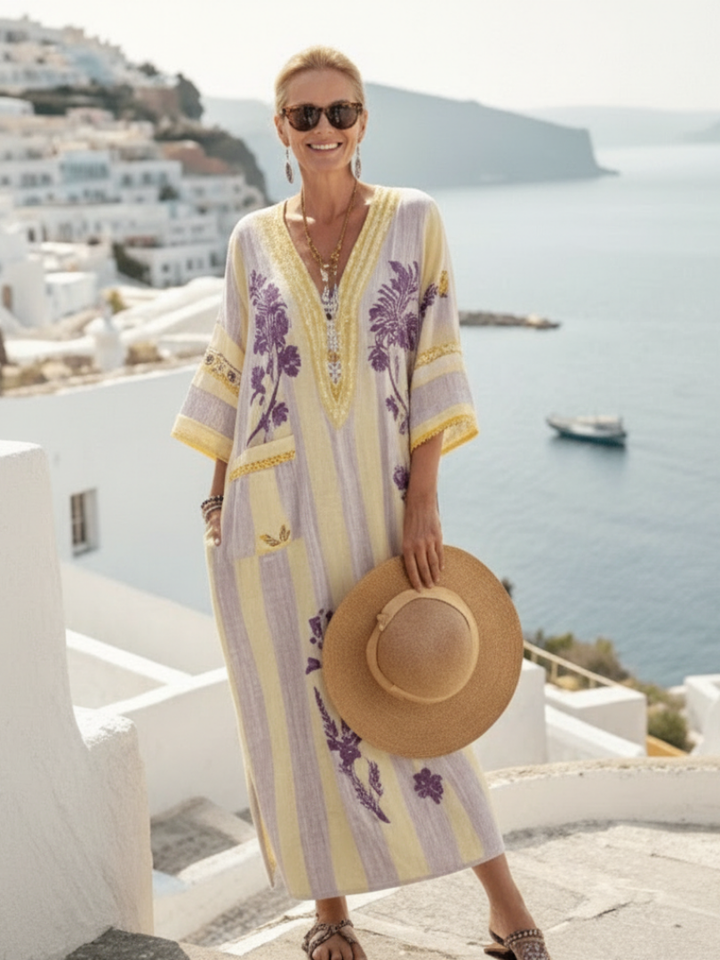 Juliet | Floral Striped Maxi Dress with V-Neck and Semi-Long Sleeves