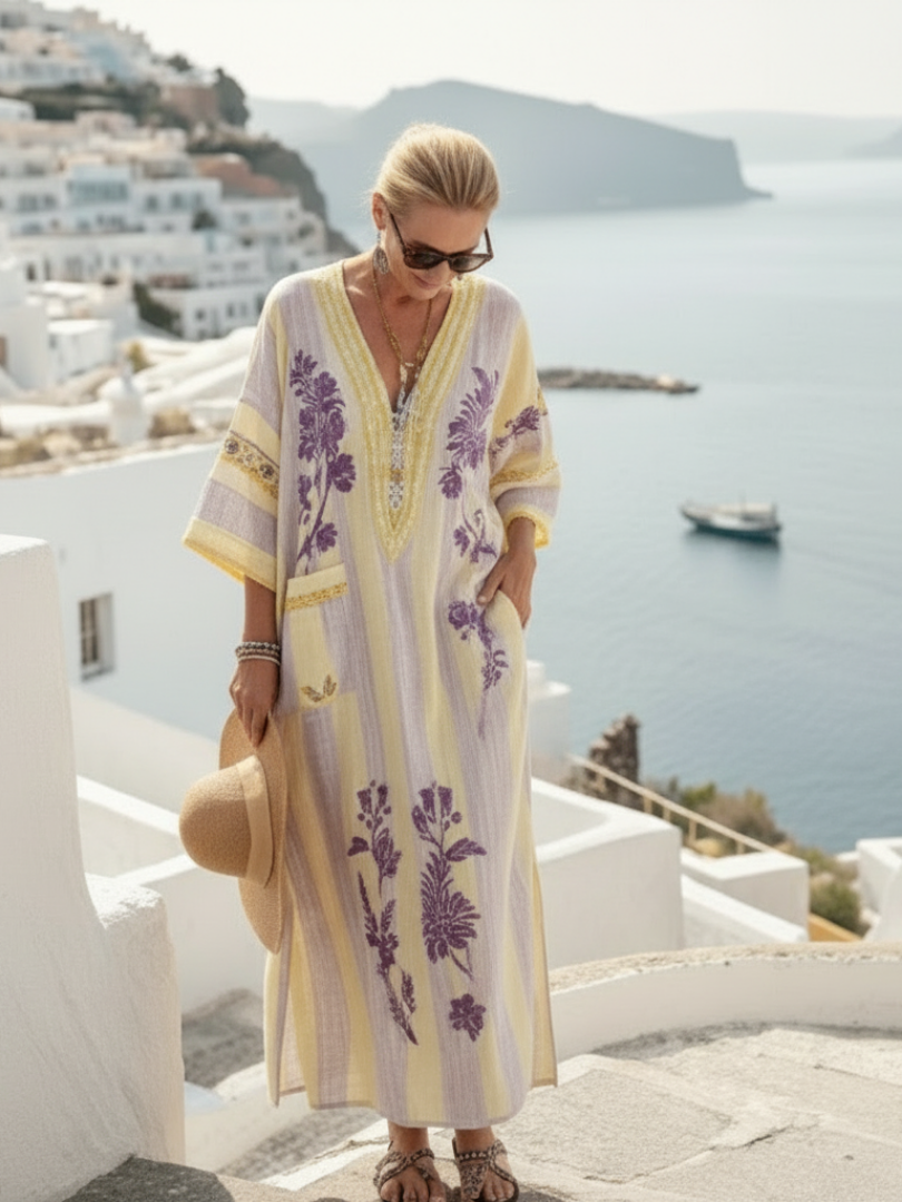 Juliet | Floral Striped Maxi Dress with V-Neck and Semi-Long Sleeves
