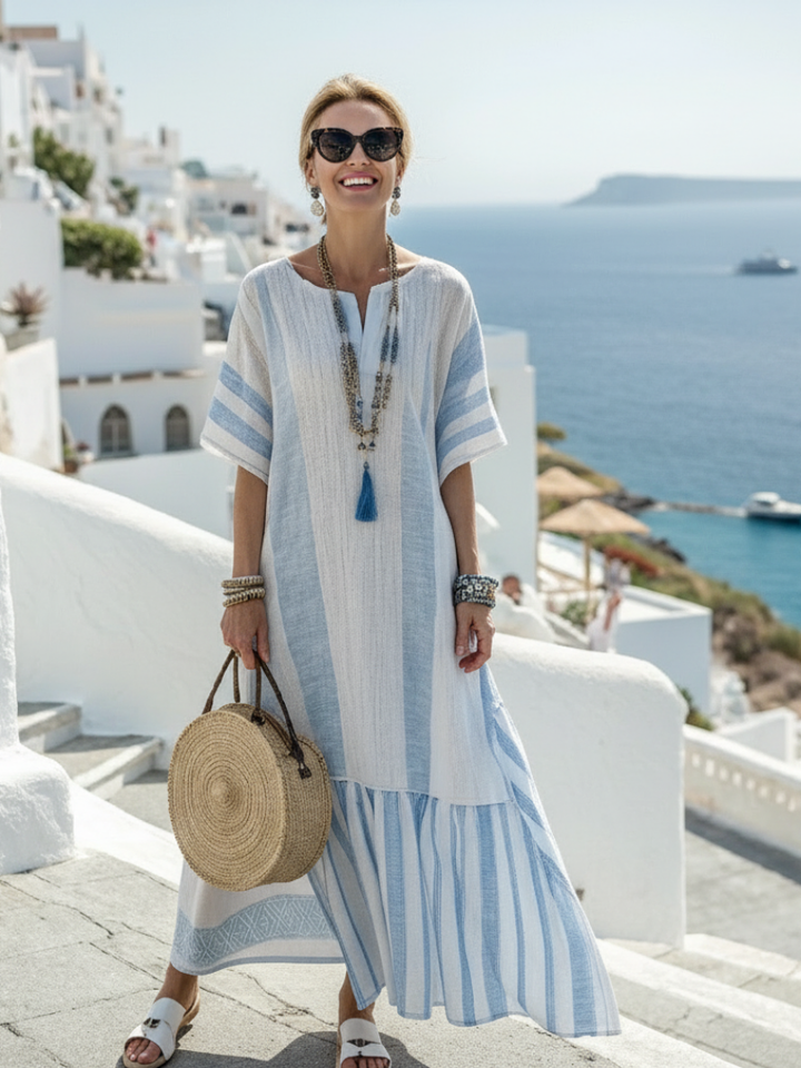 Cassie | Striped maxi dress with round neckline and short sleeves