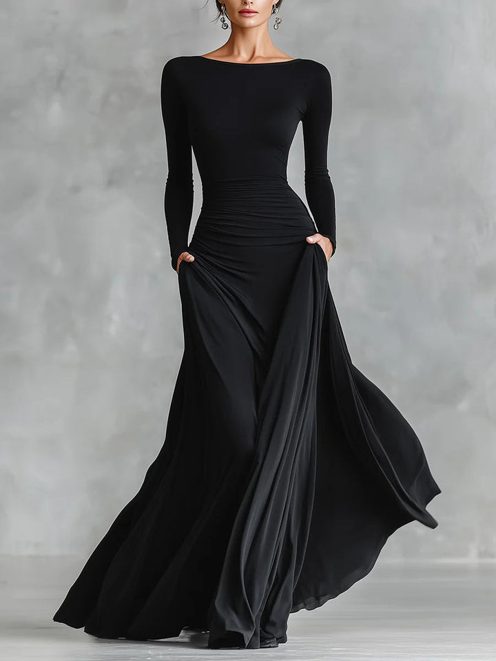 Kamila | Long Black Dress with Bateau Neckline & Elegant Draping
