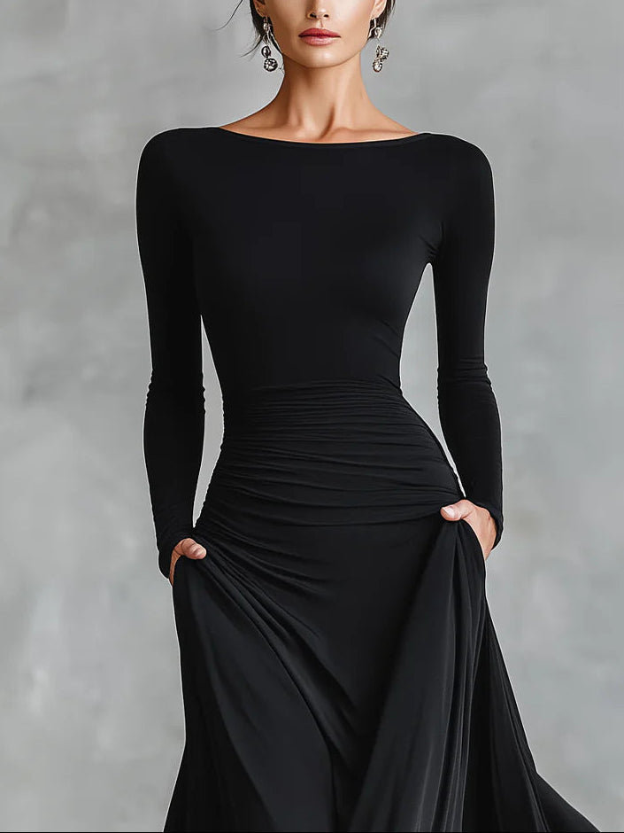 Kamila | Long Black Dress with Bateau Neckline & Elegant Draping