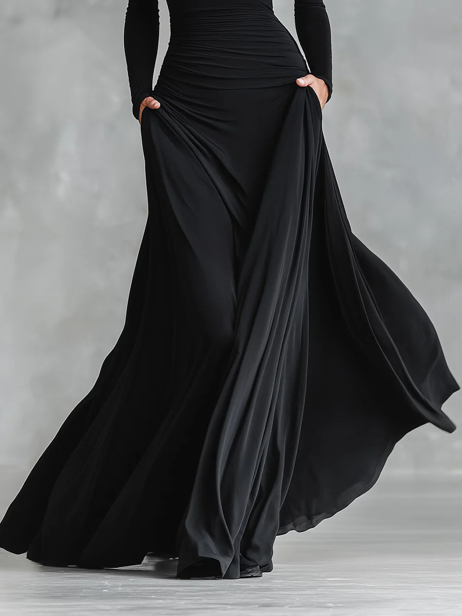 Kamila | Long Black Dress with Bateau Neckline & Elegant Draping