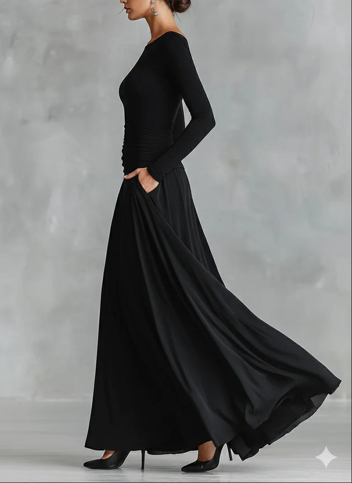 Kamila | Long Black Dress with Bateau Neckline & Elegant Draping