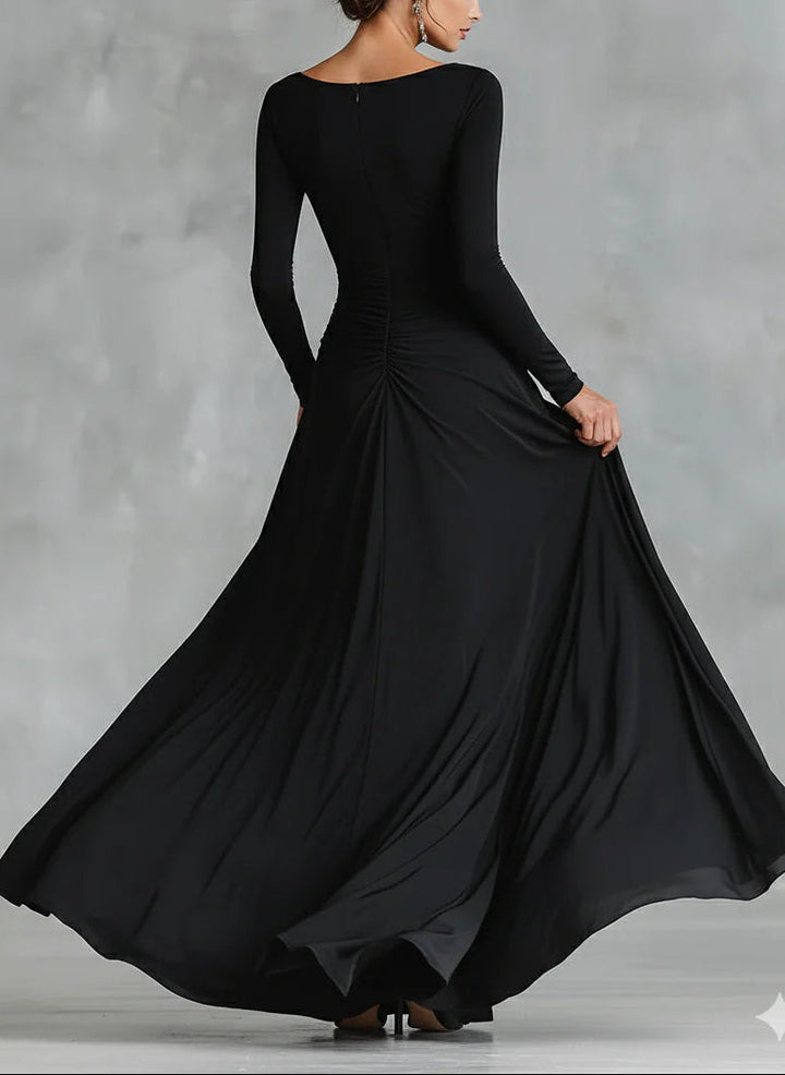 Kamila | Long Black Dress with Bateau Neckline & Elegant Draping