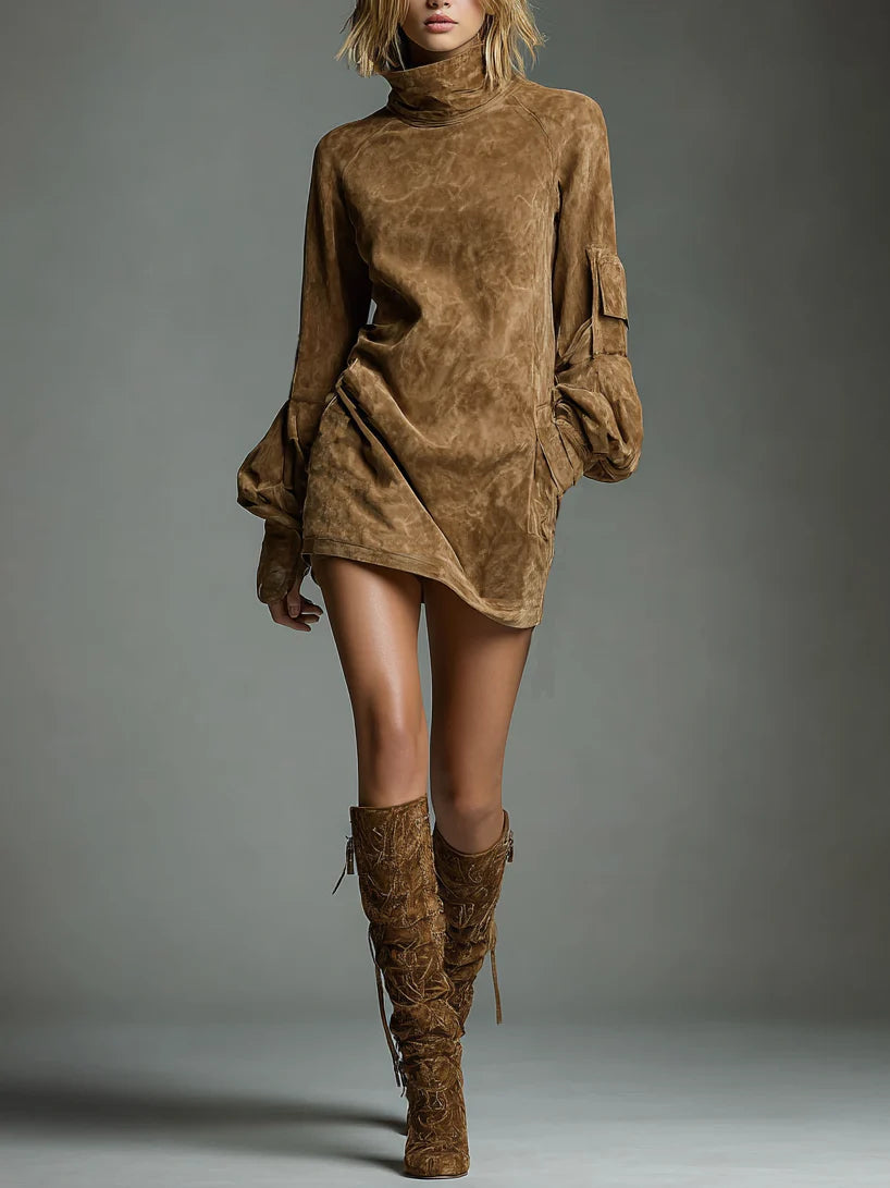 Camryn | Mini Dress in Suede-Like Fabric with High Collar