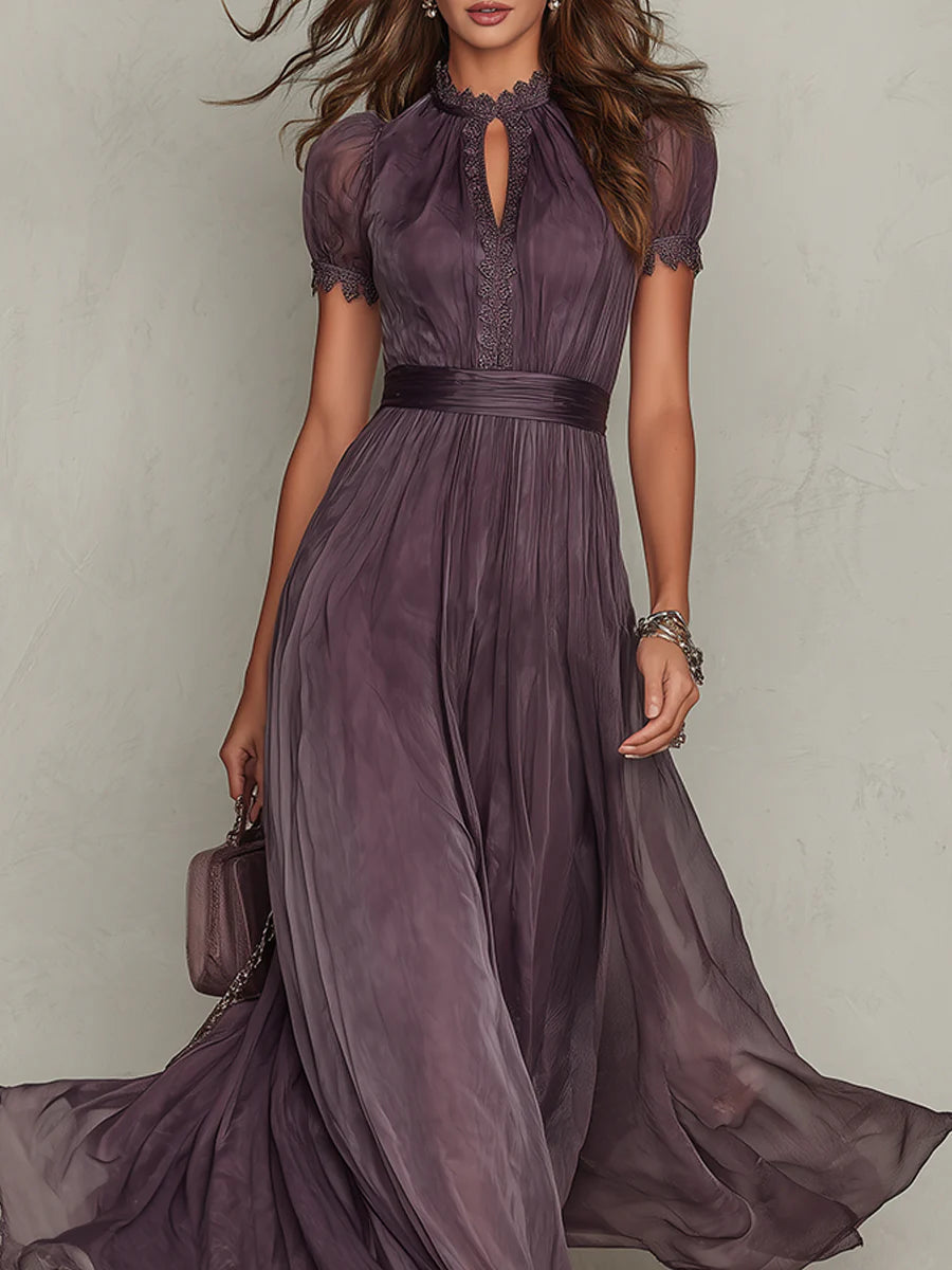 Valeria | Elegant Long Violet Dress with Teardrop Neckline and Lace
