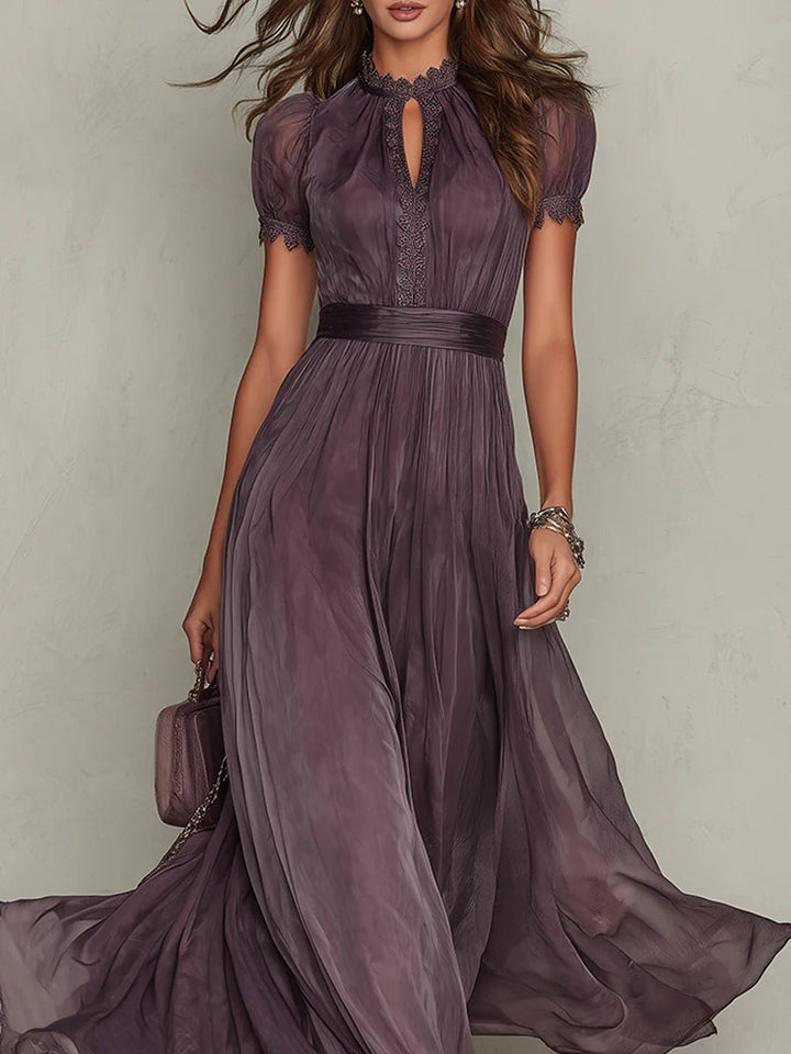 Valeria | Elegant Long Violet Dress with Teardrop Neckline and Lace