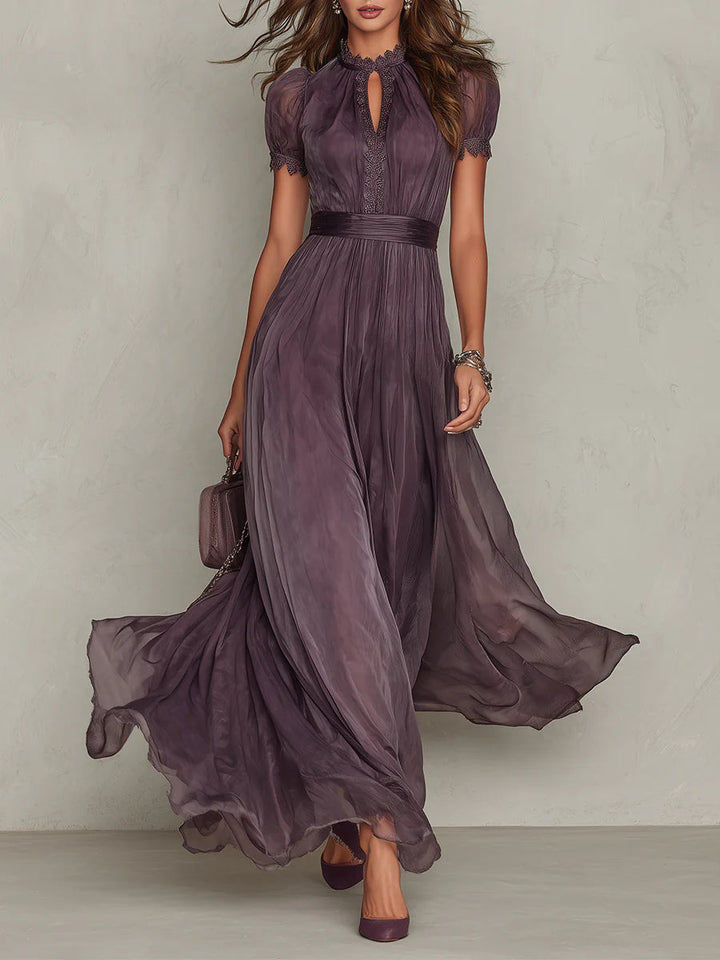 Valeria | Elegant Long Violet Dress with Teardrop Neckline and Lace