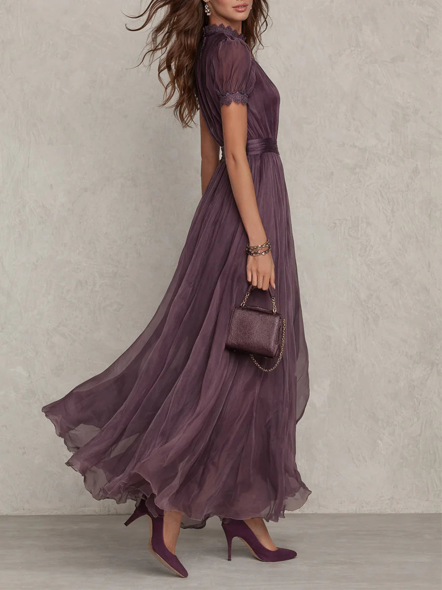 Valeria | Elegant Long Violet Dress with Teardrop Neckline and Lace
