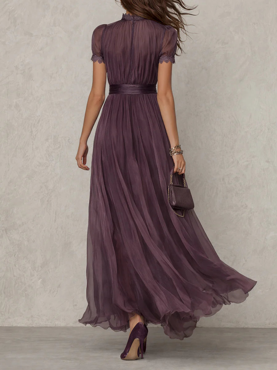 Valeria | Elegant Long Violet Dress with Teardrop Neckline and Lace