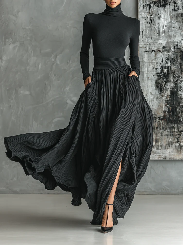 Paisley | Black Set with High Neck & Flowing Pleated Skirt