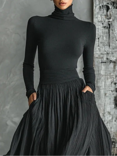 Paisley | Black Set with High Neck & Flowing Pleated Skirt
