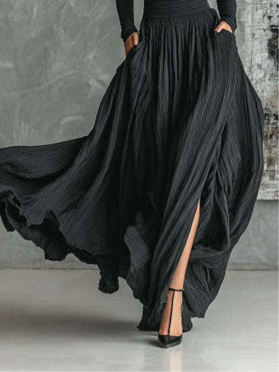 Paisley | Black Set with High Neck & Flowing Pleated Skirt